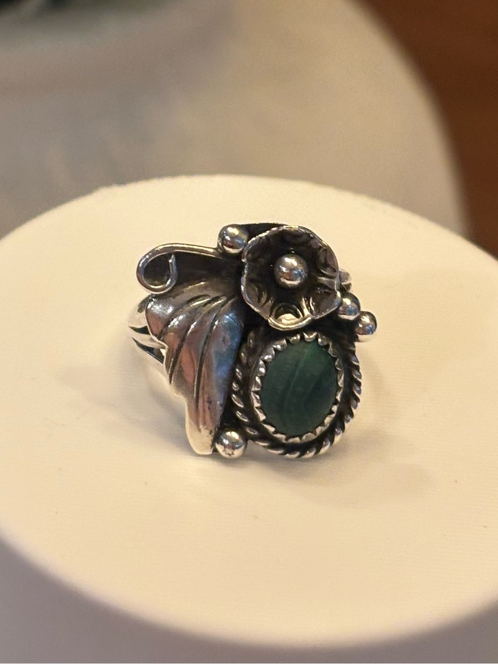 Vintage Sterling Silver Malachite Ring Size 6.5 Southwest Floral Leaf Fine 5g - Picture 5 of 10